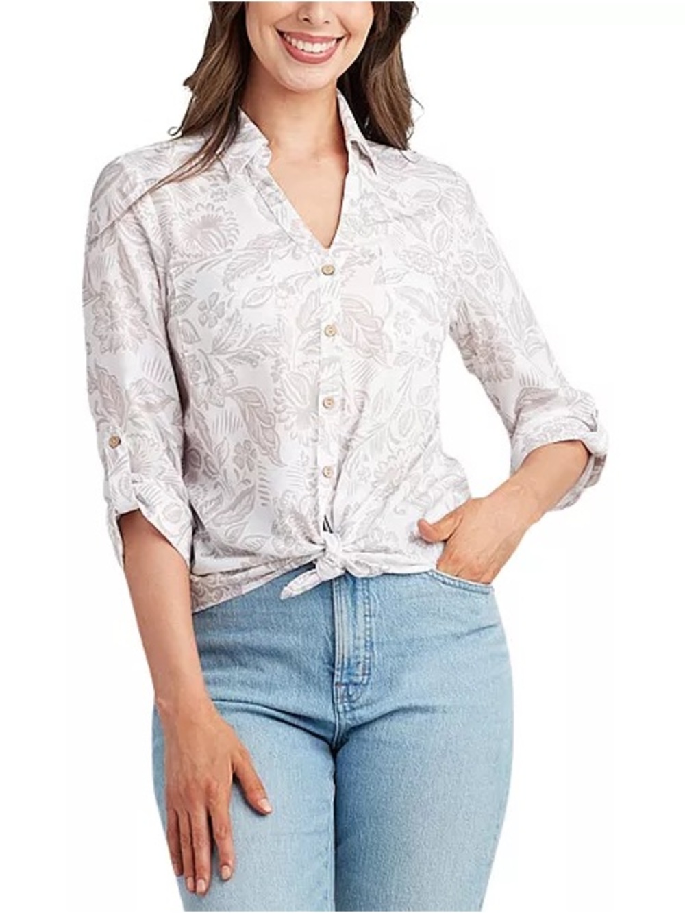 BCX Cream and Beige Floral Button-Down Shirt